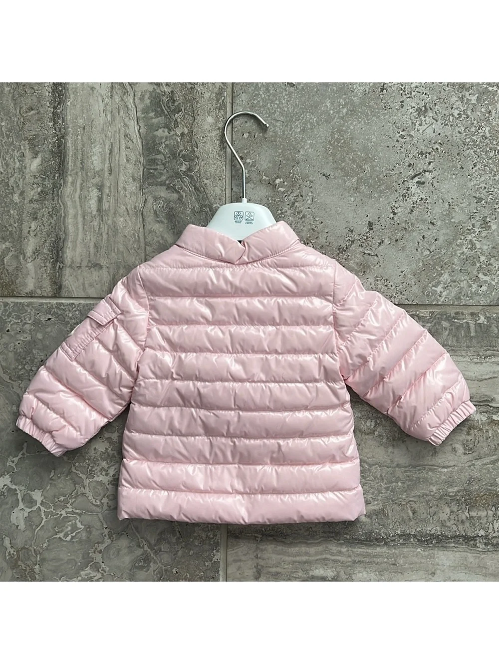 MONCLER Paulas Down Logo-Patch Sleeve Jacket, Pink Girl’s Size 6-9M New w/Tag